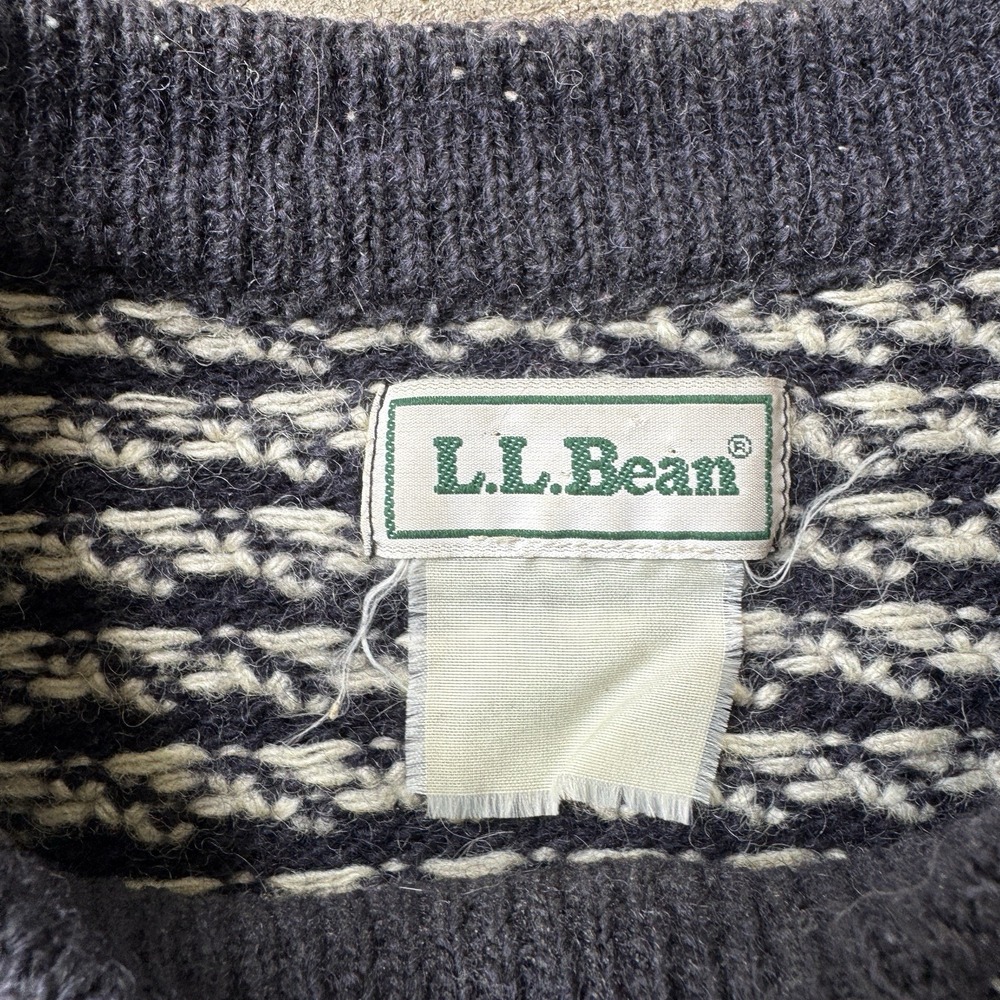 Vintage 80s LL Bean Birdseye Sweater Wool Norwegian Large Distressed Navy Blue - Picture 4 of 9